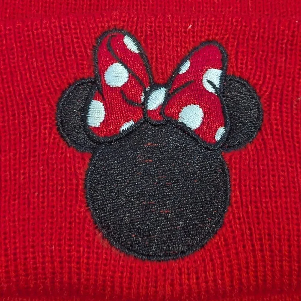 Disney Minnie Mouse Hat Knit Beanie Cap Ears Patch Fuzzy Puff Pom Red‎